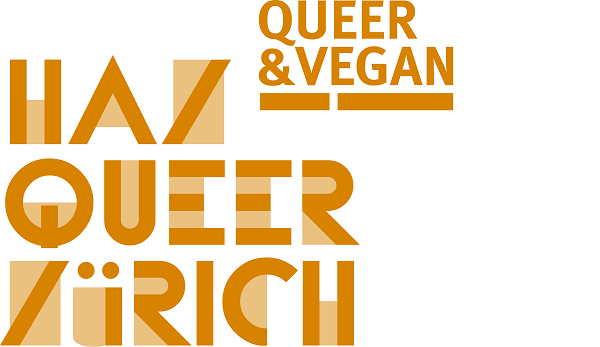 Logo HAZ - Queer Zürich in orange mit Text Queer & vegan